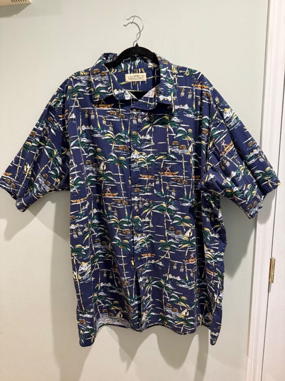 Vintage 90s Natural Issue Men's 3XLT 100% Cotton Hawaiian Aloha Shirt Navy Tropi